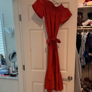 Tory Burch Rust-Red Off-the-Shoulder Midi Dress with Waist Tie